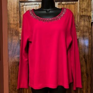 Karen Scott Red Beaded Cotton Long Sleeve